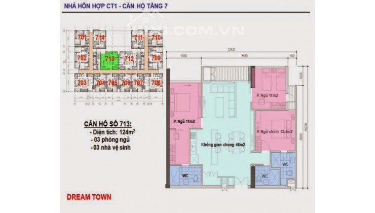 Chính chủ bán căn 3ngủ3vs 124m2 tòa CT1 dự án Dream Town Tây Mỗ nội thất liền tường giá chỉ 3tỷ450